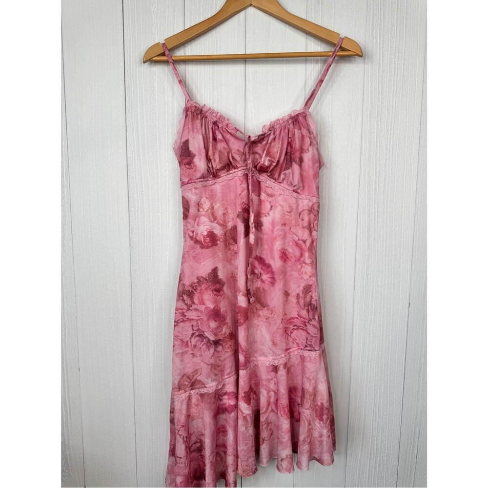 Madden Girl Pink Floral Mesh Ruched Asymmetrical Sleeveless Mini Dress M